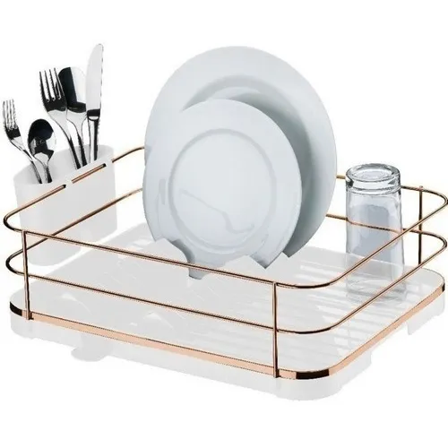 Escorre Louça Fácil Pratos + Porta Talheres Bandeja Bancada Cor Branco / Rose Foto 1