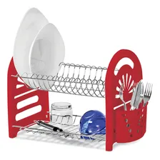 Escorredor Pratos E Copos Com Porta Talheres Duplo Vermelho Foto  mini 1
