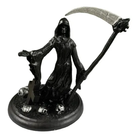 Escultura Caveira Foice No Cemitério Preto 22 Cm Em Resina Foto 1