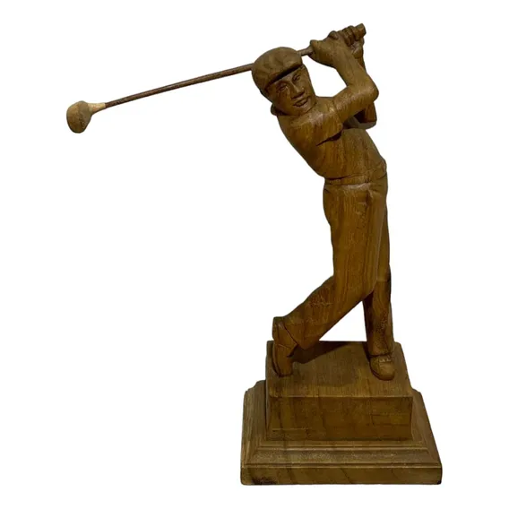 Escultura Em Madeira Entalhada Golfista A26cm Foto 1
