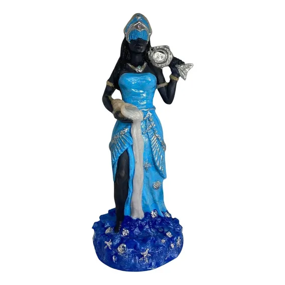 Escultura Orixá Iemanjá Africana 23cm Roupa Azul Claro Foto 1