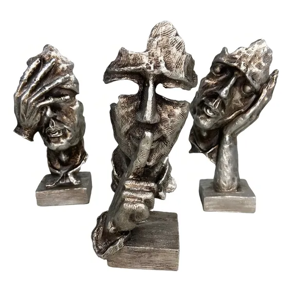 Esculturas Trios Sábios Cego Surdo Mudo 16cm Prateado Resina Foto 1