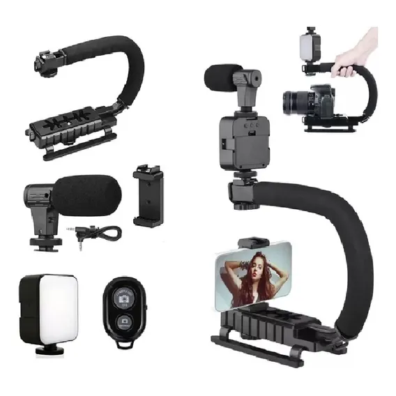 Estabilizador Câmera Dslr Celular Kit Filmagem Luz Microfone Cor Preto Foto 1