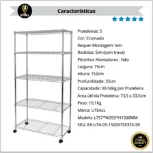 Estante Aço 5 Prateleiras Cromada Aramada 1,55 Com Rodizio Cor Cromado Foto mini 4