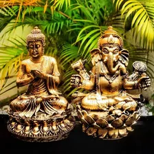 Estátua Buda + Estátua Ganesha Flor Lotus Dourado 15cm 081 Foto mini 3