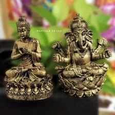 Estátua Buda + Estátua Ganesha Flor Lotus Dourado 15cm 081 Foto mini 2