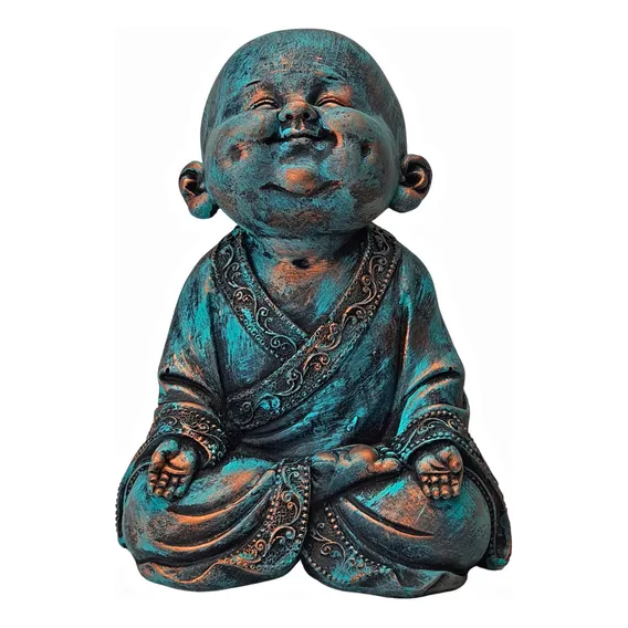 Estatua Chines Buda Sorridente Menino Prosperidade Casa Zen Cor Verde Foto 1