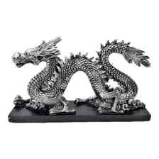 Estatueta Dragao Chines Grande Com Base Em Resina Cor Prata Base Preta Foto  mini 1