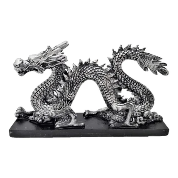 Estatueta Dragao Chines Grande Com Base Em Resina Cor Prata Base Preta Foto 1