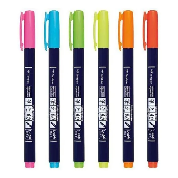Estojo 06 Cores Neon Caneta Brush Pen Fudenosuke Tombow Foto 1