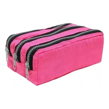 Estojo Triplo Escolar Feminino Masculino Tactel Simples Bom Cor Rosa Foto  mini 1