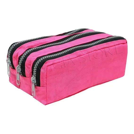 Estojo Triplo Escolar Feminino Masculino Tactel Simples Bom Cor Rosa Foto 1