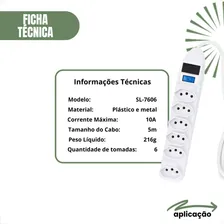 Extensão 5m Régua Energia 6 Tomadas Filtro De Linha Bivolt Cor Branco Foto mini  2