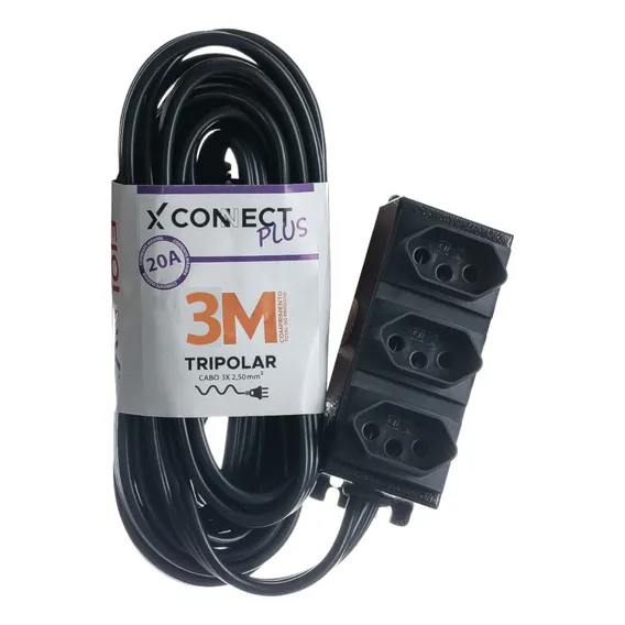 Extensão Elétrica Régua 3 Metros Tripolar 20 Amperes Fiolux Cor Extensão Elétrica De 3 Metros Tripolar Bivolt 20 Amperes Com 3 Tomadas Preta Foto 1