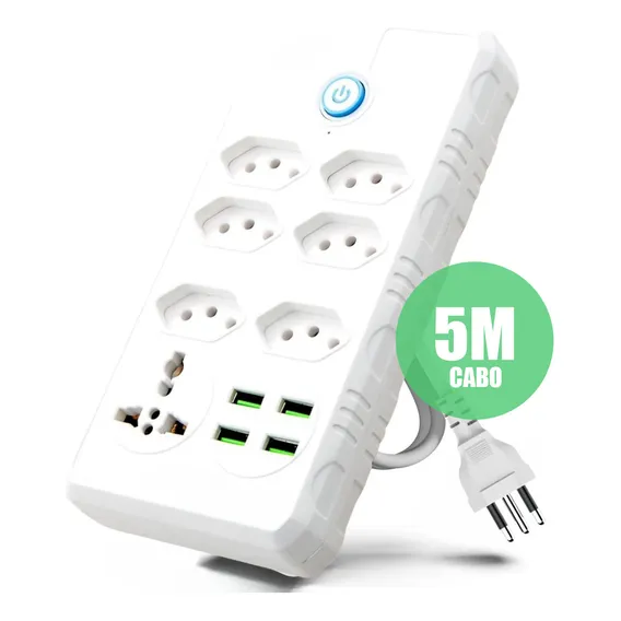 Extensão Régua Elétrica 7 Tomadas Com 4 Usb Bivolt 110v/220v 5 Metros Cabo Kapbom Foto 1