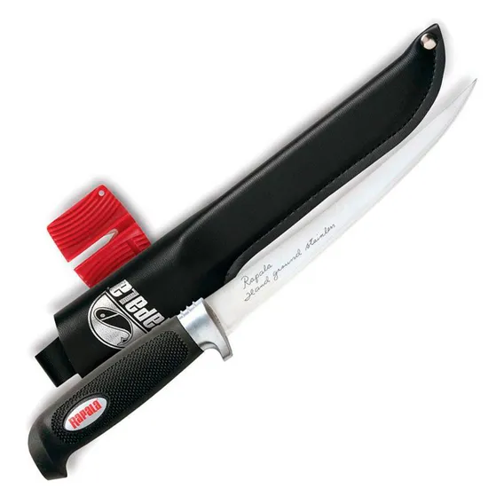 Faca Fileteira Inox Rapala Soft Grip + Afiador E Bainha Foto 1