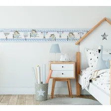 Faixa Decorativa Infantil Bebê Papel Parede Ursinho Aviador Cor Azul-claro Foto  mini 1