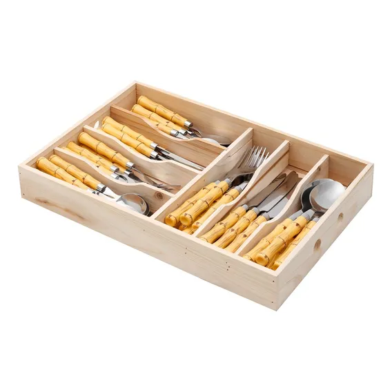 Faqueiro 42 Peças Cabo Tipo Bambu Bon Gourmet 3794 Cor Mostarda Cor Secundária Prateado Foto 1