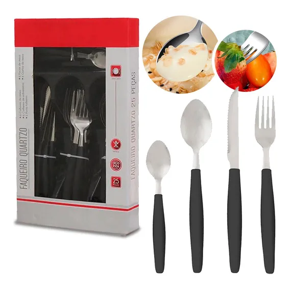 Faqueiro Inox 25 Peças Preto Acompanha Porta Talher Foto 1
