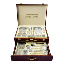 Faqueiro Inox 84 Peças Talheres Banhado Ouro Maleta Madeira Cor Dourado Foto mini 4