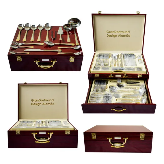 Faqueiro Inox 84 Peças Talheres Banhado Ouro Maleta Madeira Cor Dourado Foto 1