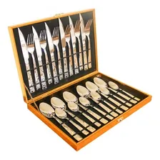 Faqueiro Talheres Inox 24 Peças Com Dourado + Maleta Dourada Foto mini 2