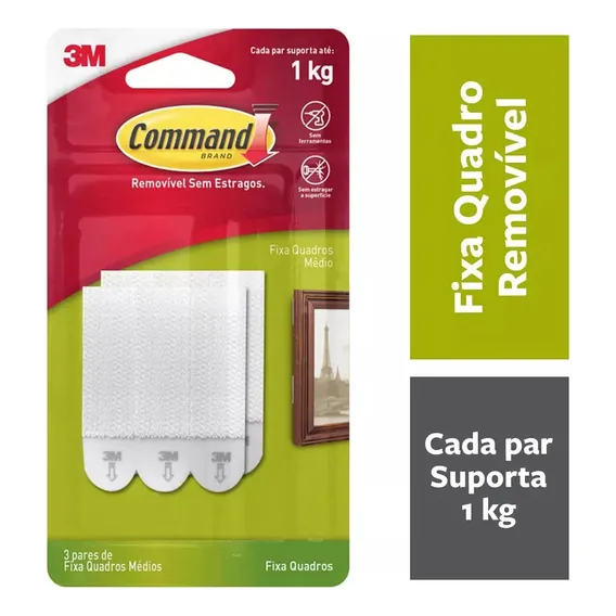 Fecho Contato Adesivo Removível Pendurar Fixar Quadros 3m Command Até 1kg 3 Pares Foto 1