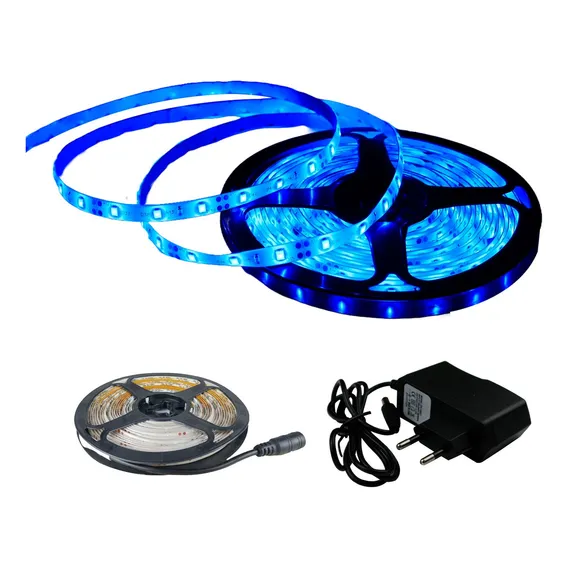 Fita Led Azul 3528 Ip65 Siliconada 12v Dupla Face Com Fonte Foto 1