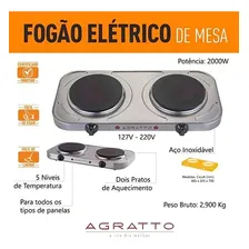 Fogão Elétrico De Mesa Agratto 2 Bocas Inox 220v 2000w Foto mini 2