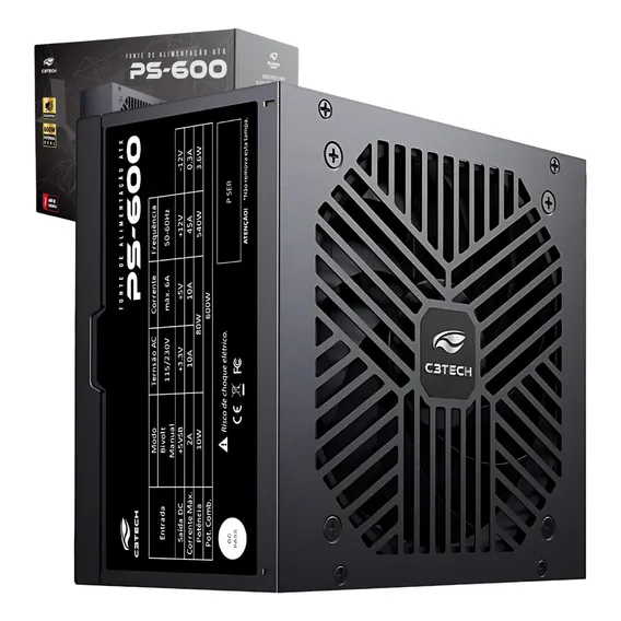 Fonte C3tech Atx 600w Reais Gaming S/ Cabo Preta Ps600bk Foto 1