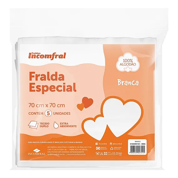 Fralda Bebê Especial Branca 5un 70x70cm 100% Algod Incomfral Foto 1