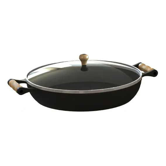 Frigideira Ferro Fundido Com Tampa Vidro Alças Madeira 28 Cm Foto 1
