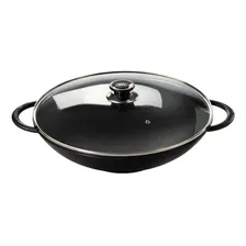 Frigideira Wok Ferro Fundido Com Tampa Vidro Alça Ferro 36cm Foto  mini 1