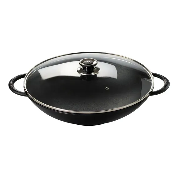 Frigideira Wok Ferro Fundido Com Tampa Vidro Alça Ferro 36cm Foto 1