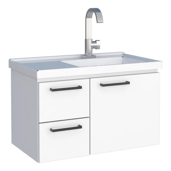 Gabinete Armà rio Para Banheiro Em Aço Romã Branco 60 cm Com Pia Em Mármore Sintético Suspenso Com 2 Gavetas E 1 Porta Pintura Eletrostática Foto 1