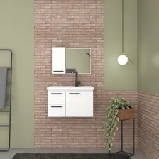 Gabinete Armà rio Para Banheiro Em Aço Romã Branco 60 cm Com Pia Em Mármore Sintético Suspenso Com 2 Gavetas E 1 Porta Pintura Eletrostática Foto mini 3