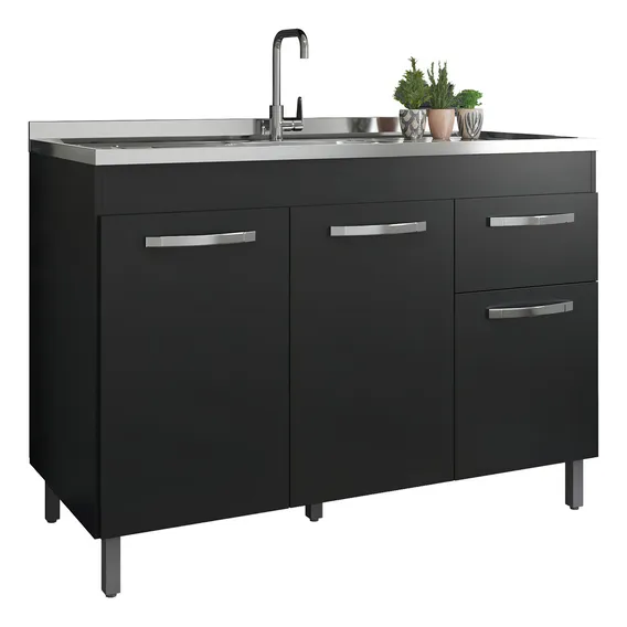 Gabinete Pia 120cm Armário Cozinha Multiuso Balcão Preto Foto 1