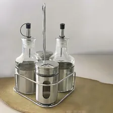 Galheteiro 4 Pçs C/suporte Aço Inox Vidro Azeite Vinagre Sal Foto mini 4
