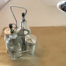 Galheteiro 4 Pçs C/suporte Aço Inox Vidro Azeite Vinagre Sal Foto mini 3