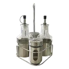 Galheteiro 4 Pçs C/suporte Aço Inox Vidro Azeite Vinagre Sal Foto mini 1