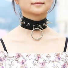 Gargantilha Choker Spikes Argola Grande Punk Metal Gótica Cor Preto Foto mini  2