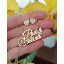 Gargantilha Personalizada Nome Composto Coração Banhada Ouro Cor Dourado Foto mini 2
