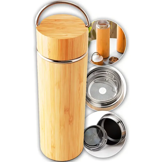Garrafa Térmica 450ml Ecologica Bambu Aço Inox Infusor Cha Cor Garrafa Térmica Bambu Foto 1