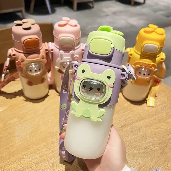 Garrafinha De Água Suco Leite Bichinhos Leão Colorida Com Alça Para Transporte E Canudo De Silicone Garrafinha Infantil Snel Home Foto 1