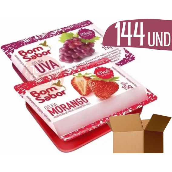 Geleia Sortida Morango E Uva Sachê 15g Cx 144 Un Bom Sabor Foto 1
