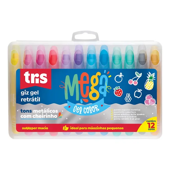 Giz De Cera Retrátil Mega Gel Color 12 Cores Metalicas Tris Foto 1