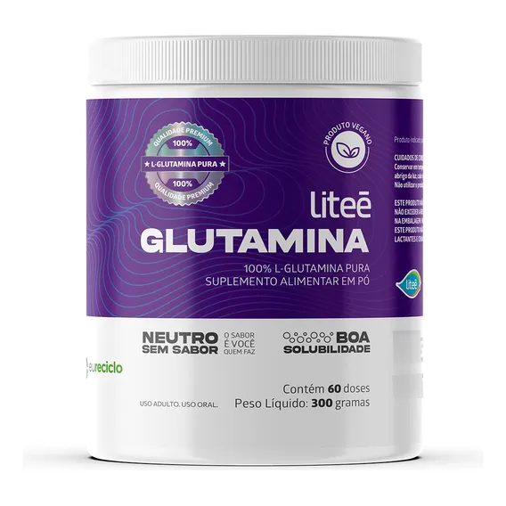Glutamina 300g - 60 Doses -100% L-glutamina Pura Litee Sabor Sem Sabor Foto 1