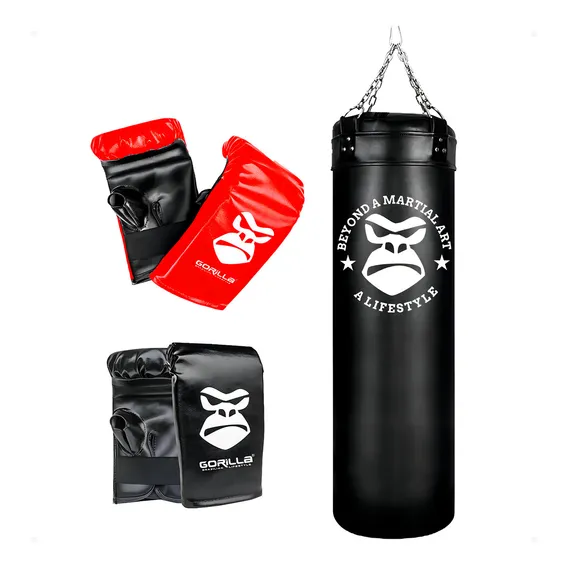 Gorilla saco pancada boxe cheio 02 pares de luvas bate saco cor preto Foto 1