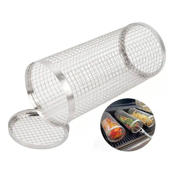 Grelha Cesto Cilindro Para Churrasco Legumes Em Aço Inox Foto 1