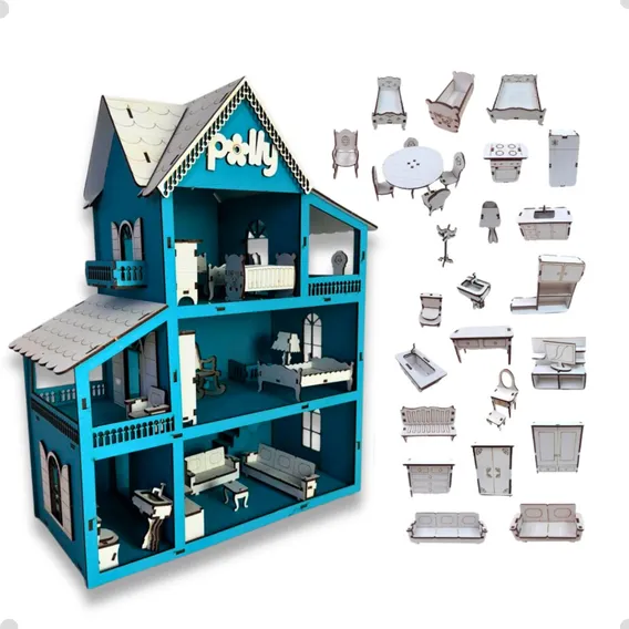 Grupo Paraíso Casa MDF Kit Casa De Boneca 30 Moveis Em Mdf Pintado Cor Azul-frozen Foto 1